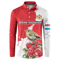 Red and white button sweatshirt with crest, bird, roses, and Luxembourg graphic