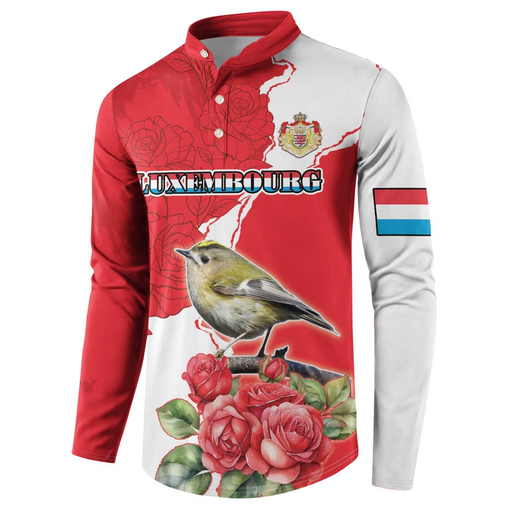 Front button sweatshirt with bird, roses, crest, and Luxembourg graphic in red/white