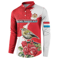 Front button sweatshirt with bird, roses, crest, and Luxembourg graphic in red/white