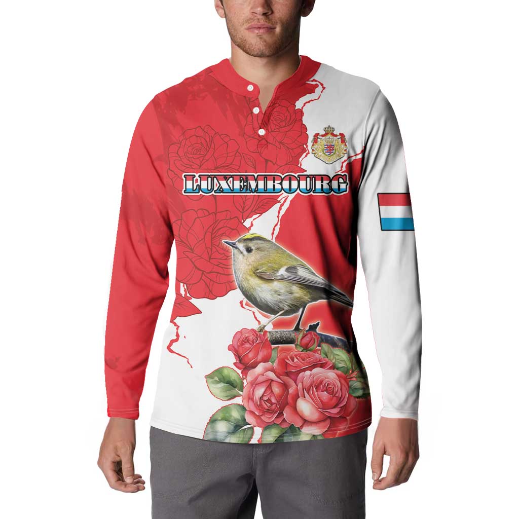 Men's button sweatshirt on model, red/white with bird, roses, crest, and Luxembourg graphic