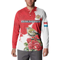 Men's button sweatshirt on model, red/white with bird, roses, crest, and Luxembourg graphic