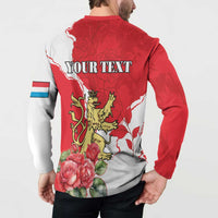 Back button sweatshirt on model, red/white with lion crest, roses, and YOUR TEXT