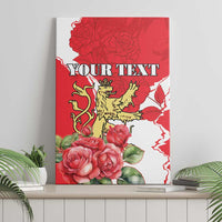Red canvas wall art with roses, lion crest, and 'YOUR TEXT' across the center