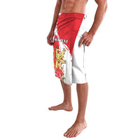 Red-and-white personalized lavaava skirt, side view with crest and rose print