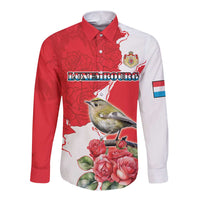 Personalized long-sleeve button shirt with red-and-white rose and bird graphic