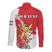 Personalized long-sleeve button shirt with red-and-white crest, lion and rose graphic
