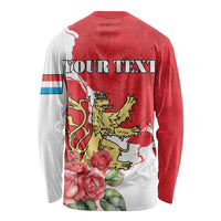 Red long-sleeve shirt back with 'YOUR TEXT', lion crest, roses and map graphic