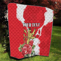 Red and white quilt with lion crest graphic, roses, and bold personalized text across the center.