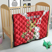 Red and white quilt blanket with lion crest, roses, and personalized text for a baby bed.