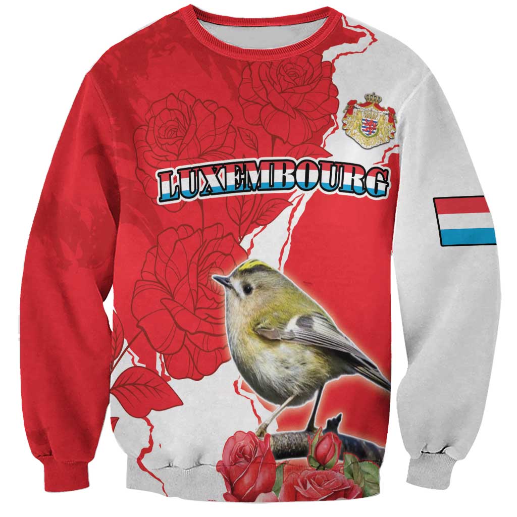 Red and gray crewneck sweatshirt with bird, rose flowers, and Luxembourg map graphic