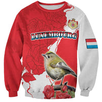 Red and gray crewneck sweatshirt with bird, rose flowers, and Luxembourg map graphic