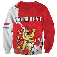 Red and gray crewneck sweatshirt with YOUR TEXT, lion crest, and rose graphic
