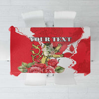 Personalized red rose tablecloth with white outline and floral bouquet center