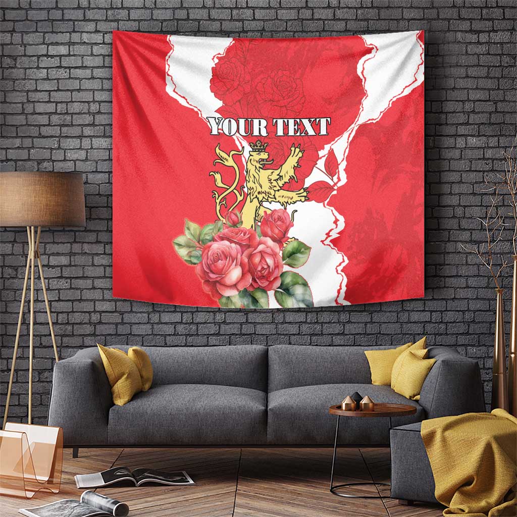Red wall tapestry with white wavy outline, rose bouquet, crowned lion crest, personalized text