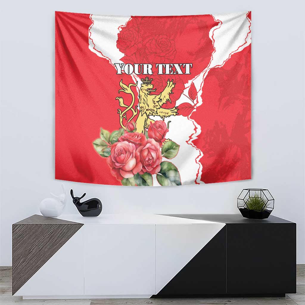 Red tapestry wall hanging with white wavy border, roses and lion coat-of-arms, personalized text
