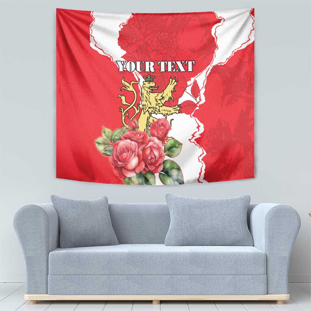 Red tapestry wall hanging with white outline border, rose bouquet, crowned lion crest, personalized text