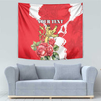 Red tapestry wall hanging with white outline border, rose bouquet, crowned lion crest, personalized text