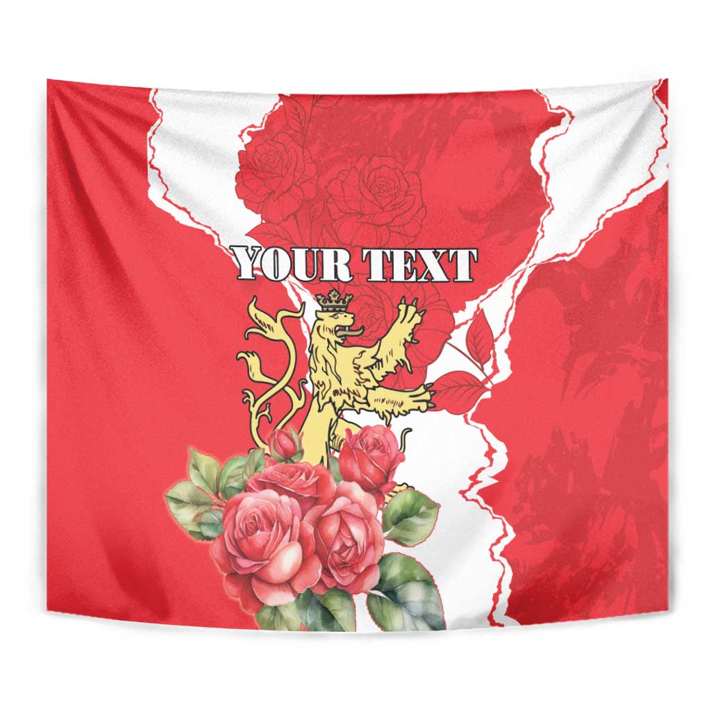 Red personalized tapestry with roses, crowned lion crest, white wavy border, bold center text