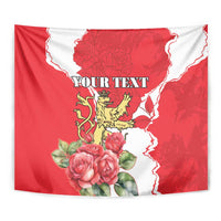 Red personalized tapestry with roses, crowned lion crest, white wavy border, bold center text