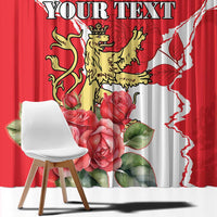 Red and white curtain panel with roses, crest artwork, and large “YOUR TEXT”