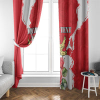 Red window curtain panels with rose print and crest graphic, personalized “YOUR TEXT”