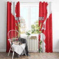 Red curtain panels with rose bouquet and lion crest, personalized “YOUR TEXT”