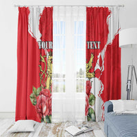Red window curtain panels with rose and crest artwork, “YOUR” text on left