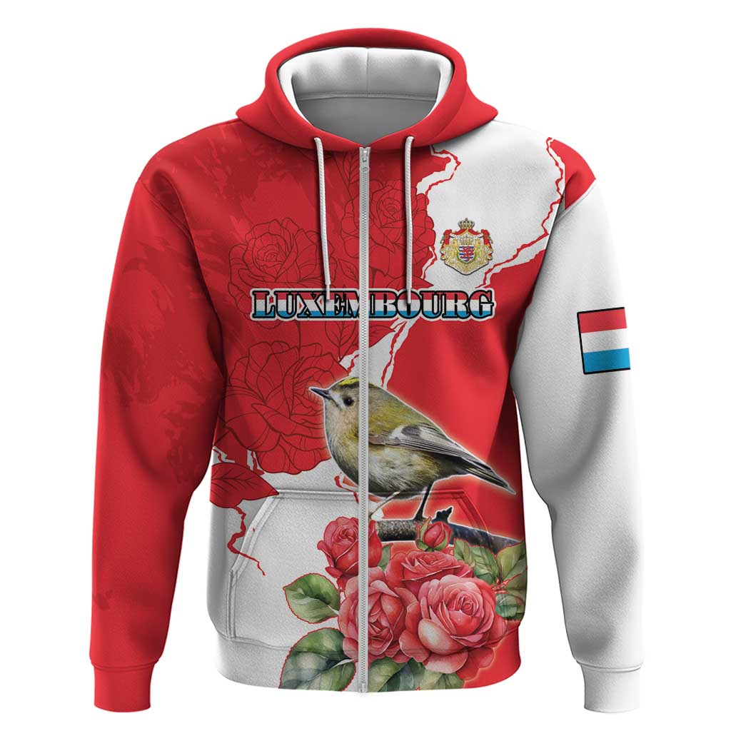 Personalized Luxembourg Goldcrest Regulus Zip Hoodie Red Roses - Wonder Print Shop