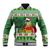 Green baseball-style jacket with white striped collar and festive bird front graphic