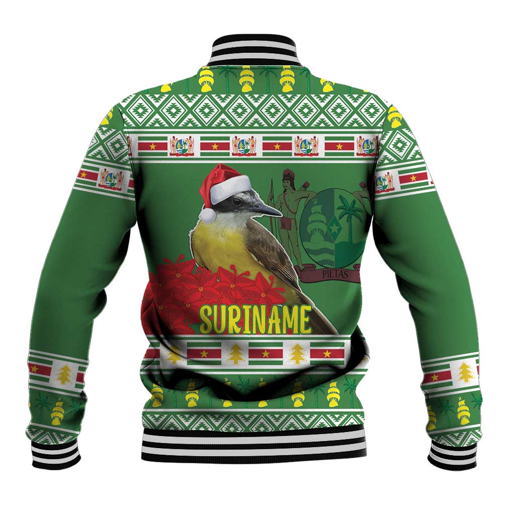 Green baseball-style jacket back with white striped collar and large bird holiday print
