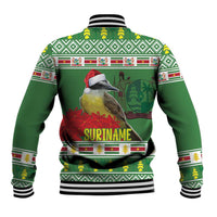 Green baseball-style jacket back with white striped collar and large bird holiday print