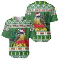 Green holiday baseball jersey pair: front and back with bird graphics and festive patterns