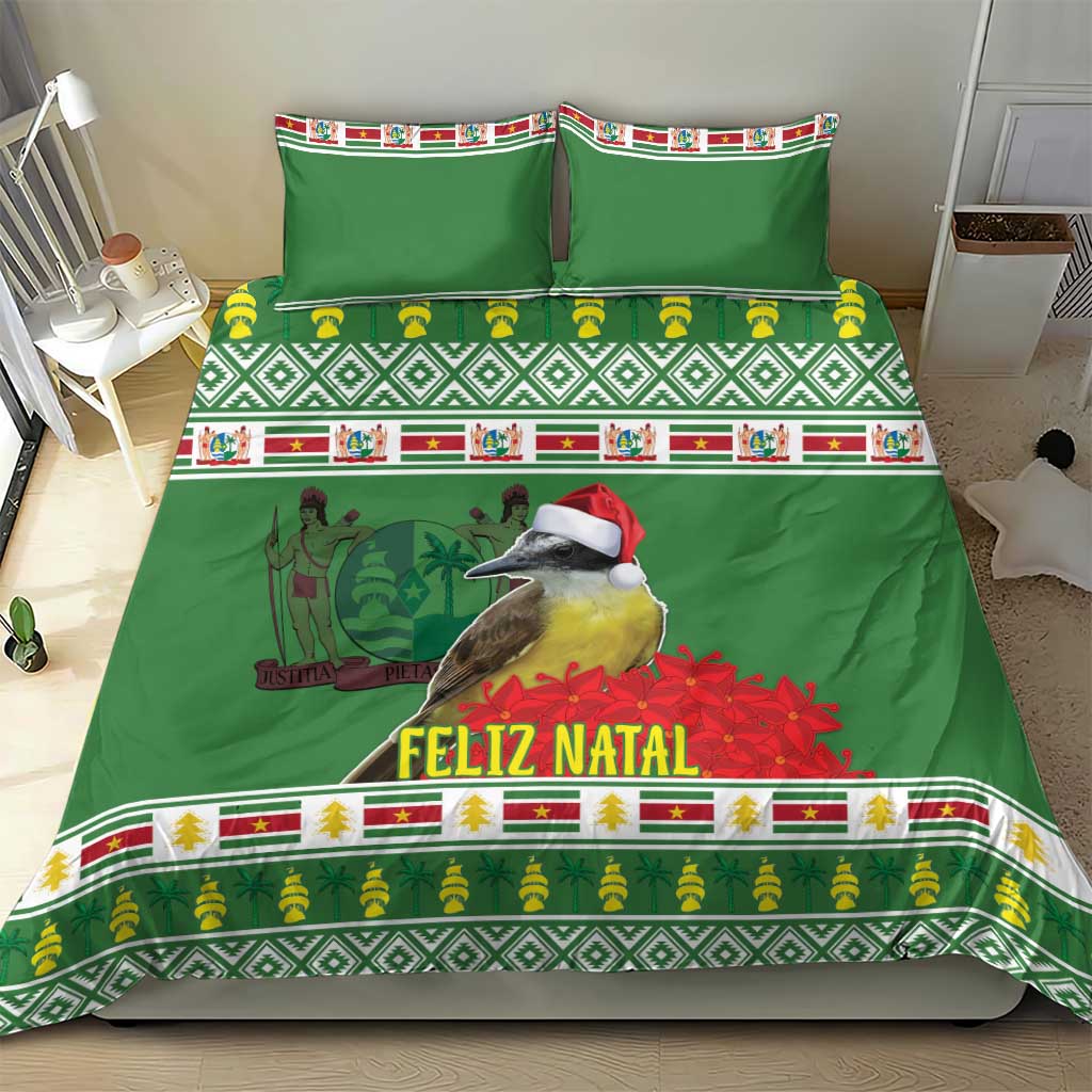 Green bedding set featuring Feliz Natal text, illustrated bird, and matching pillowcases