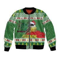 Green bomber jacket with zip, festive jungle bird and holiday stripes, black ribbing.