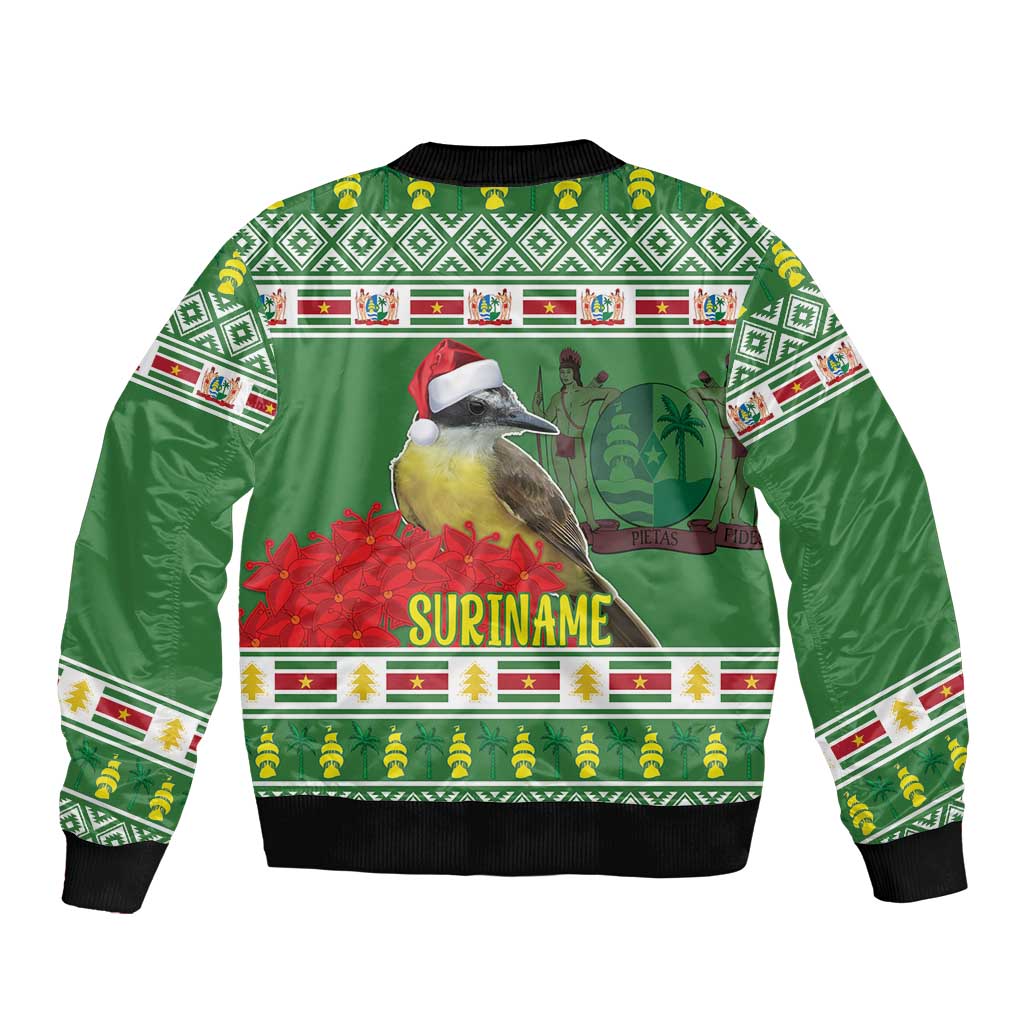 Green bomber jacket with 'SURINAME' back print, jungle bird and holiday design, black ribbing.
