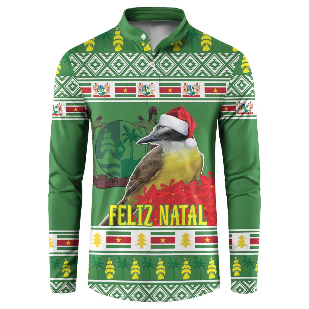 Green button-up sweatshirt with 'Feliz Natal' bird graphic and festive border pattern.