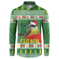 Green button-up sweatshirt with 'Feliz Natal' bird graphic and festive border pattern.