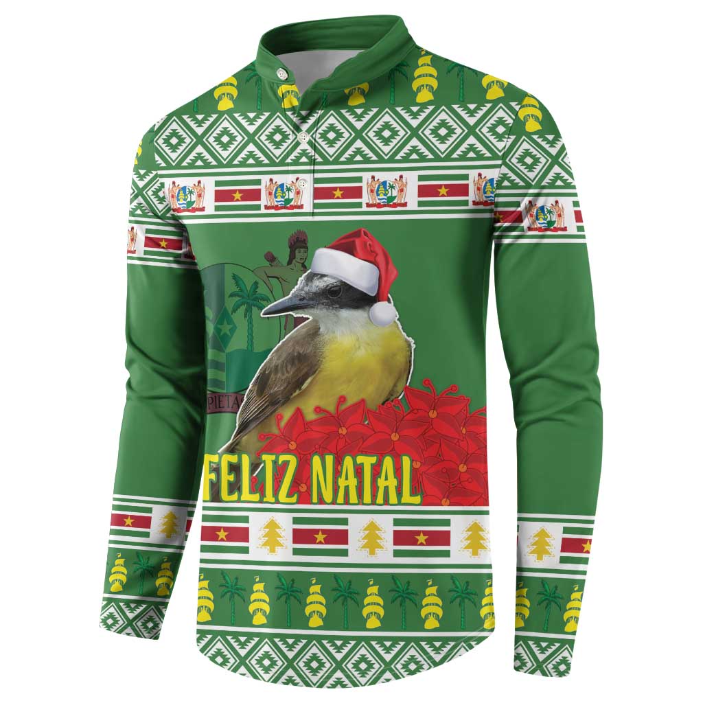 Green button-up sweatshirt with 'Feliz Natal' parrot graphic and holiday stripe cuffs.