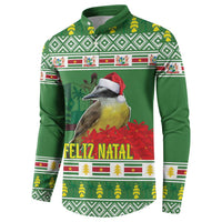 Green button-up sweatshirt with 'Feliz Natal' parrot graphic and holiday stripe cuffs.