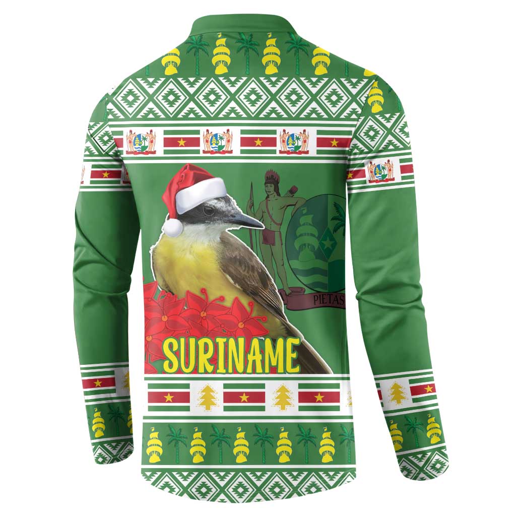 Green button-up sweatshirt with back 'SURINAME' bird graphic and holiday pattern bands.