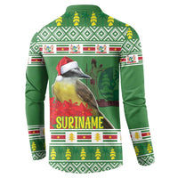 Green button-up sweatshirt with back 'SURINAME' bird graphic and holiday pattern bands.