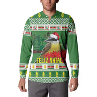 Green button-up sweatshirt with bird graphic, 'Feliz Natal' text, and festive print.