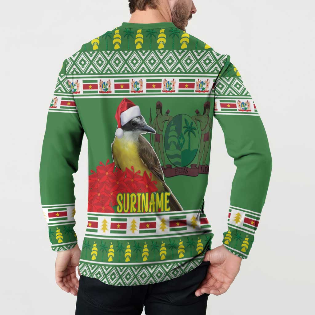 Green button-up sweatshirt with back 'SURINAME' bird graphic and holiday print.