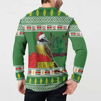 Green button-up sweatshirt with back 'SURINAME' bird graphic and holiday print.
