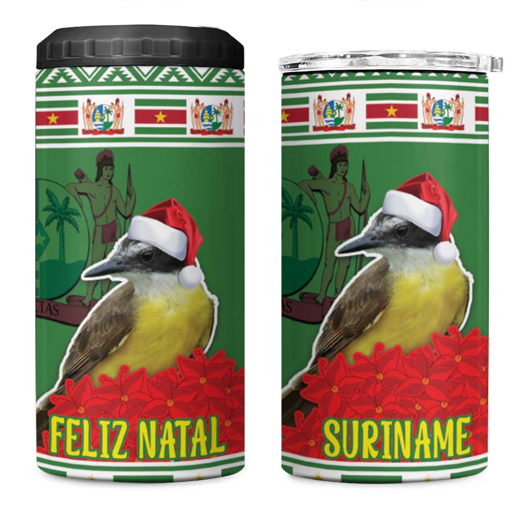 Suriname Christmas 4 in 1 Can Cooler Tumbler Lesser Kiskadee With White Jungle Geranium - Wonder Print Shop