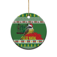Green round ceramic ornament with kiskadee bird and Feliz Natal, gold hanging loop