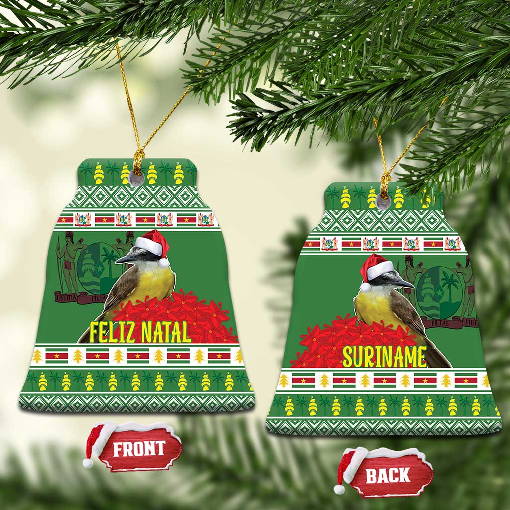 Green bell-shaped ceramic ornament pair: Feliz Natal front and Suriname back