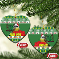 Green round ceramic ornament pair with kiskadee birds: Feliz Natal and Suriname