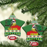 Green star-shaped ceramic ornaments with kiskadee birds: Feliz Natal and Suriname