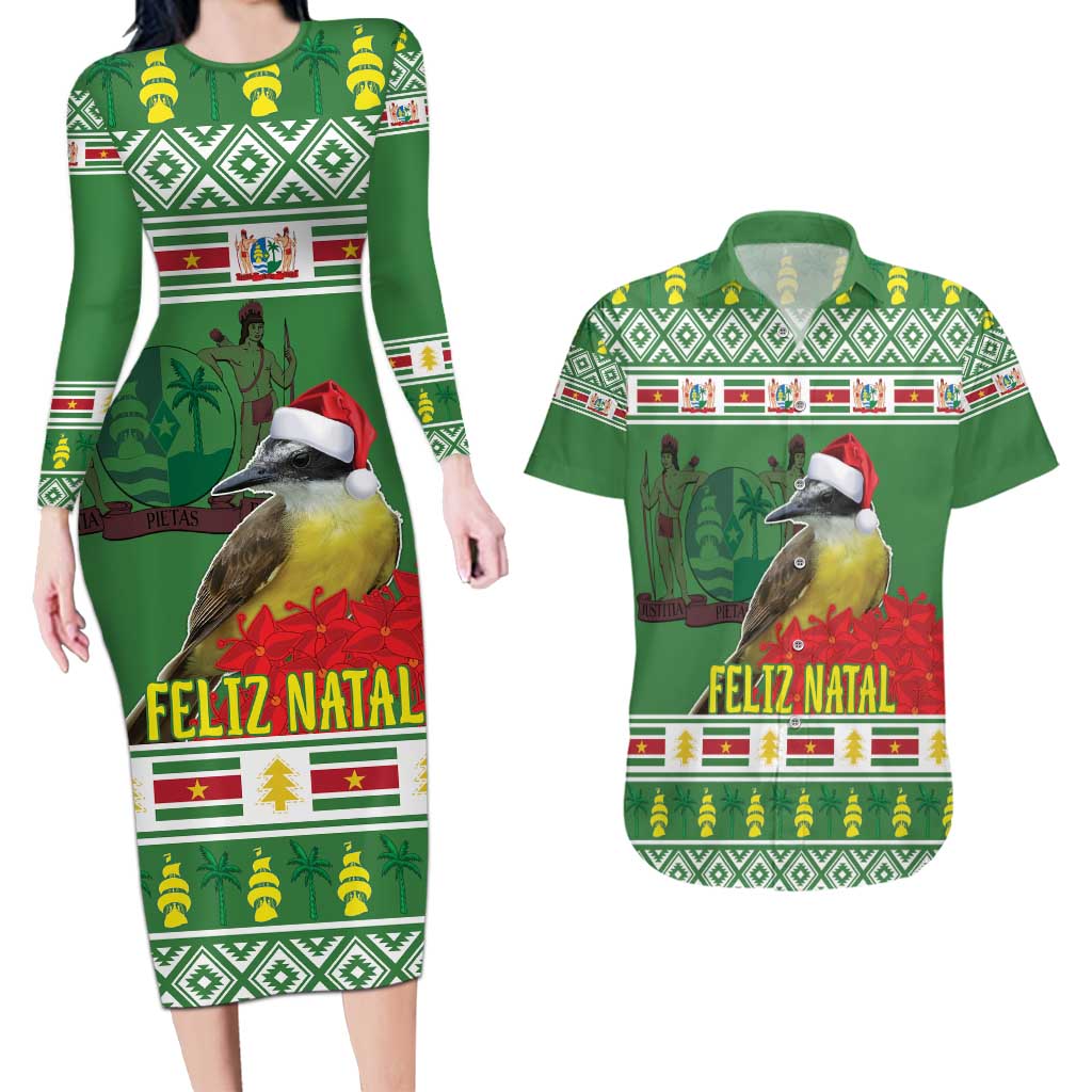 Suriname Christmas Couples Matching Long Sleeve Bodycon Dress and Hawaiian Shirt Lesser Kiskadee With White Jungle Geranium - Wonder Print Shop